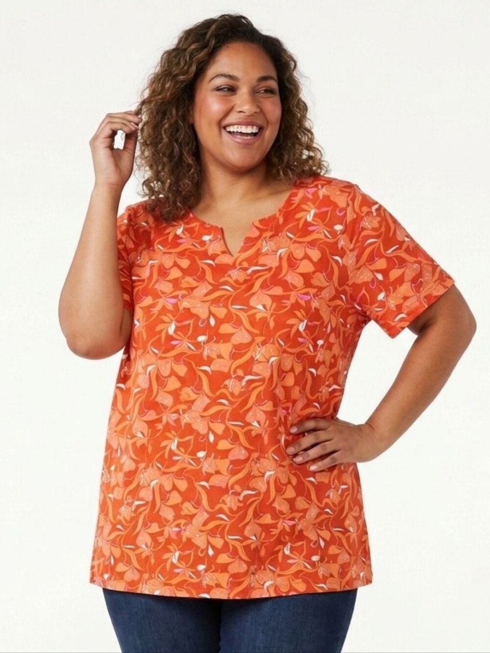 Roaman's Plus Size Orange Floral V-Neck Women's Dress